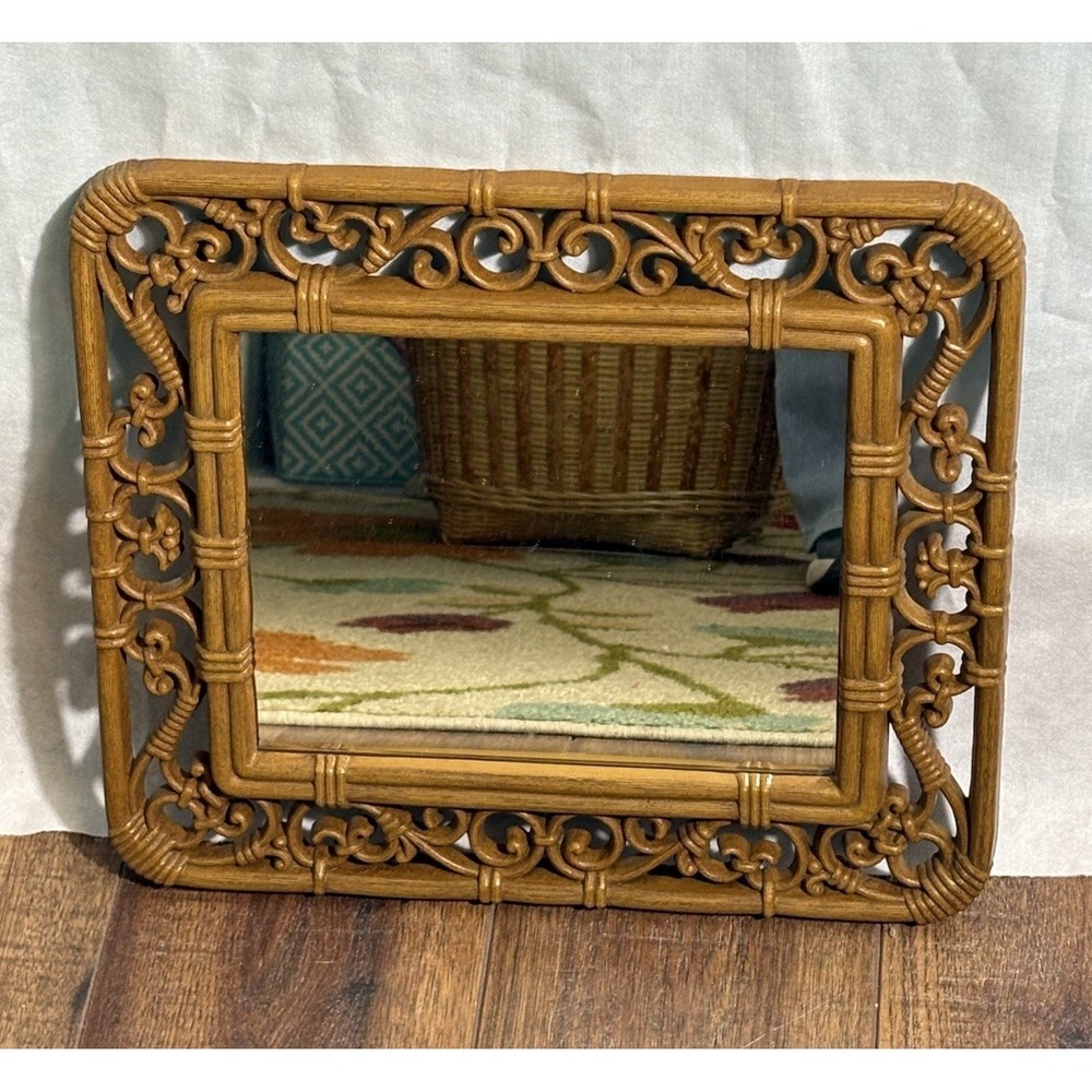 Vintage Homco Syroco Faux Wicker Boho Mirror Wall Decor EUC 14.5 X 12.5"